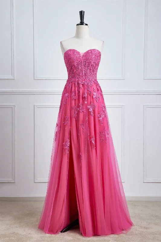 Sweetheart Hot Pink Lace Corset Prom Dress with Slit