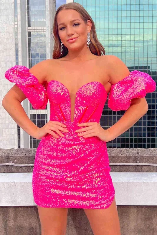 Sweetheart Puff Sleeves Hot Pink Tight Homecoming Dress