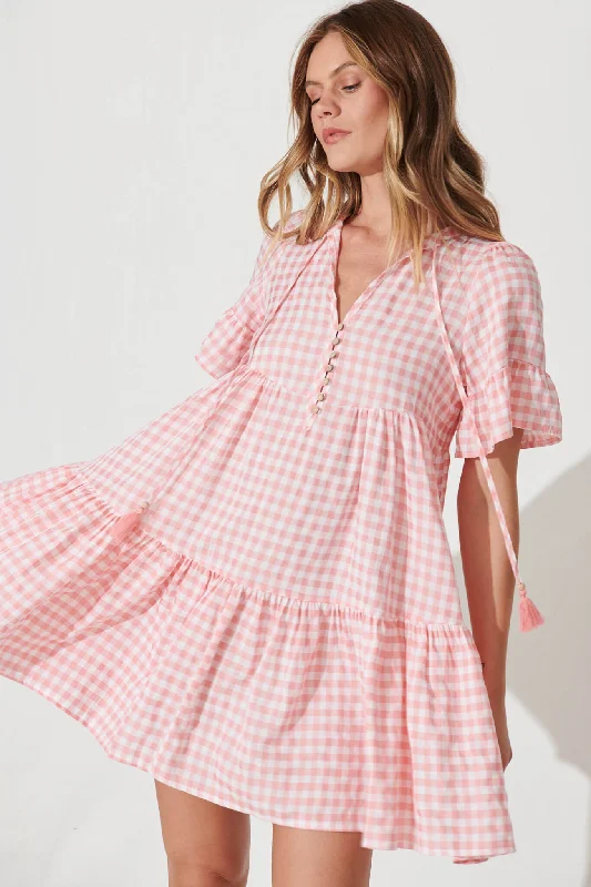 Tahnee Smock Dress In Pink And White Gingham Cotton Blend