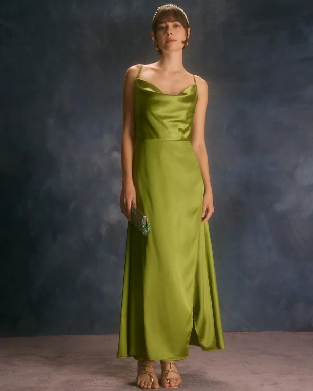 The Green Cowl Neck Split Satin Maxi Dress