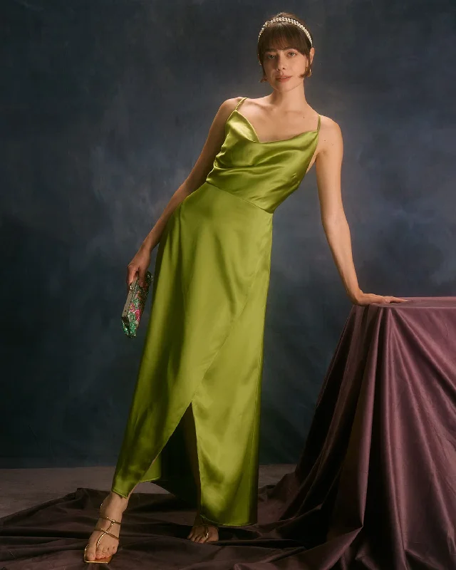 the-green-cowl-neck-split-satin-maxi-dress