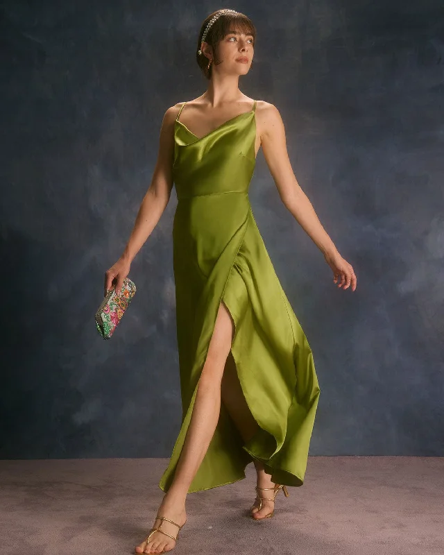 the-green-cowl-neck-split-satin-maxi-dress