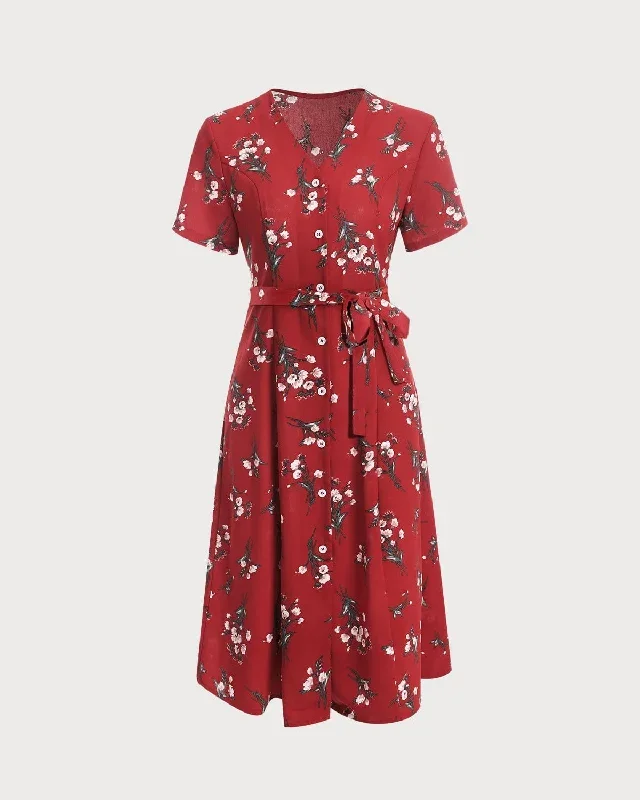 The V Neck Knotted Floral Midi Dress