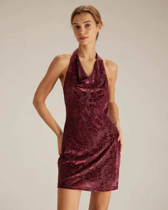 The Wine Red Halter Floral Burnout Mini Dress