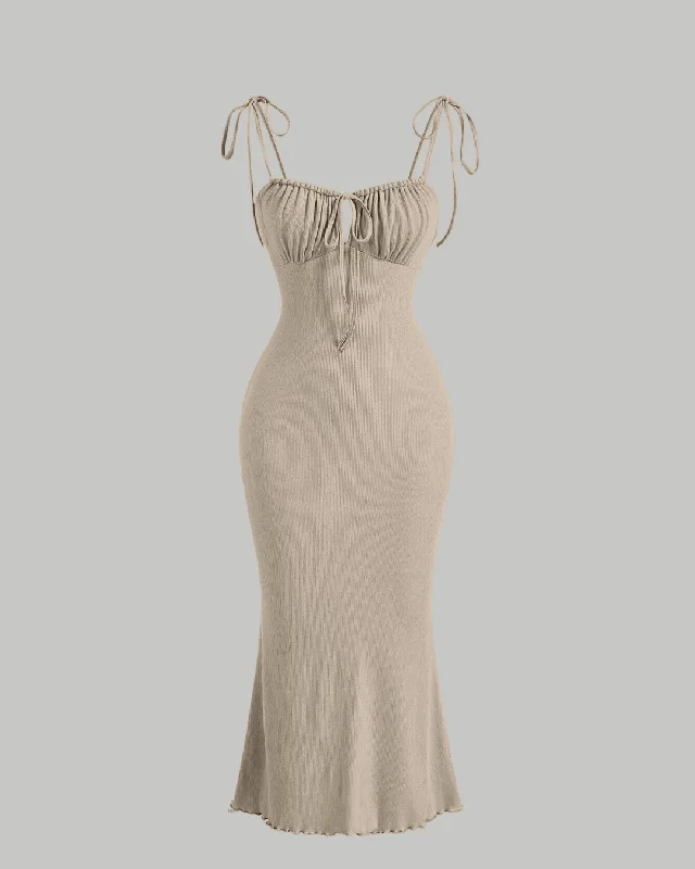 Tie Front Ruched Bust Knot Strappy Cami Long Dress In Off White