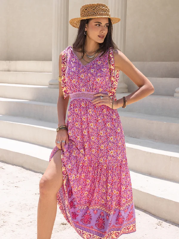 Tied Printed V-Neck Sleeveless Dress