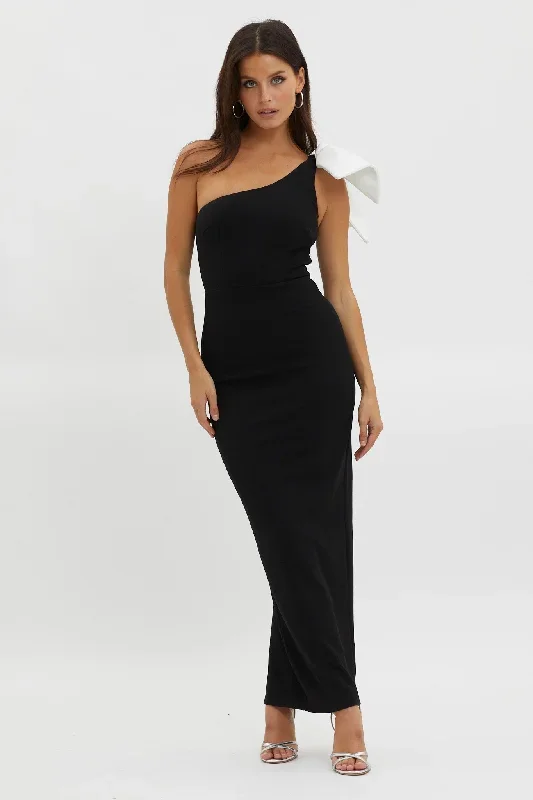 Tiffany One-Shoulder Bow Maxi Dress Black