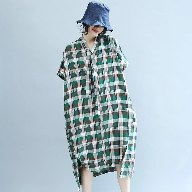 top quality green Plaid natural cotton linen dress oversize traveling dress women short sleeve pockets V neck baggy dresses