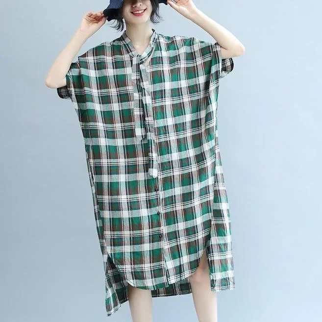 top-quality-green-plaid-natural-cotton-linen-dress-oversize-traveling-dress-women-short-sleeve-pockets-v-neck-baggy-dresses