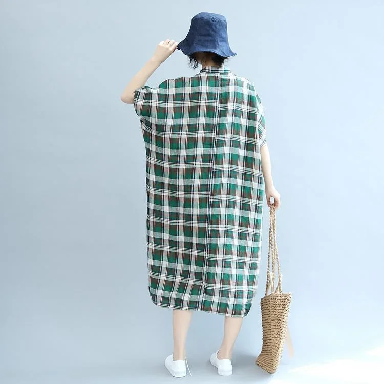 top-quality-green-plaid-natural-cotton-linen-dress-oversize-traveling-dress-women-short-sleeve-pockets-v-neck-baggy-dresses