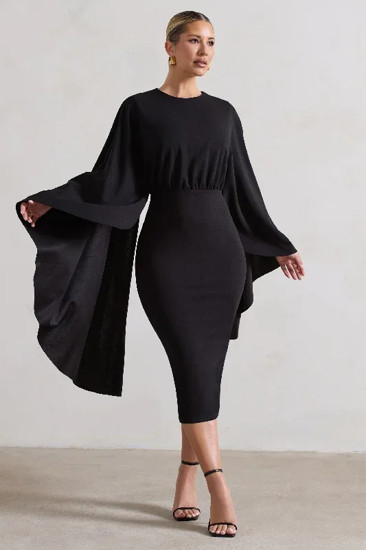 Tranquility | Black Gathered Midi Dress With Cape