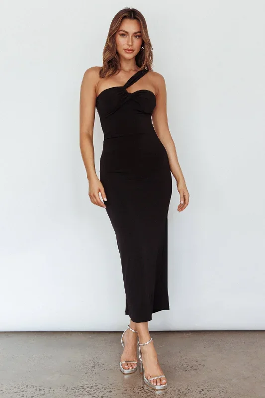 Trinny One-Shoulder Ruched Back Midi Dress Black