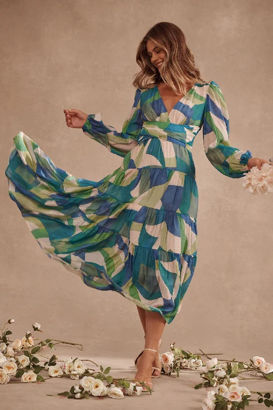 True Maxi Dress In Blue Green Abstract Print