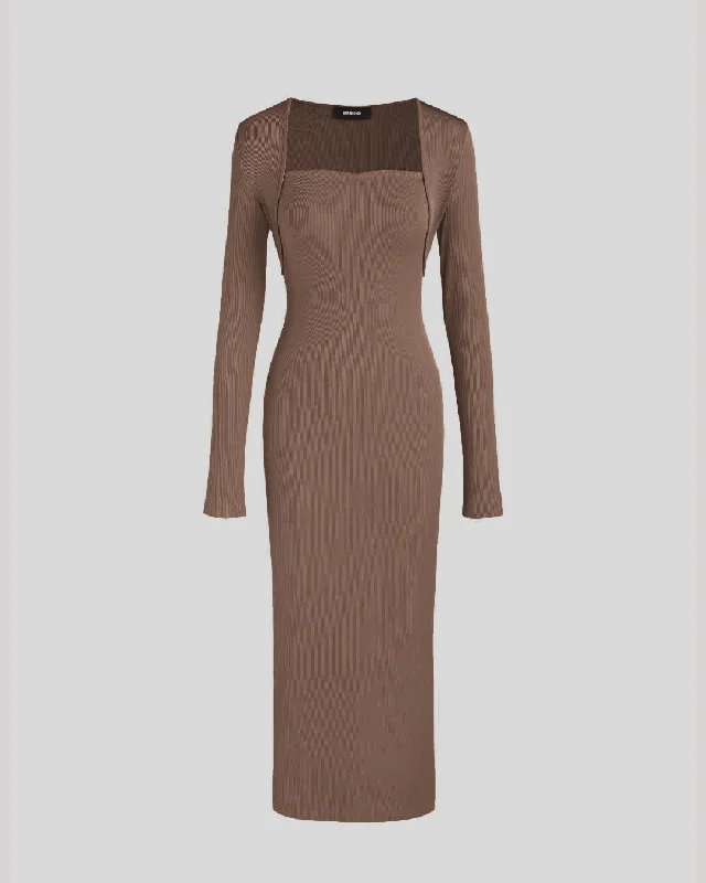 Two Piece Elegant Bodycon Dress With Shrug In Brown