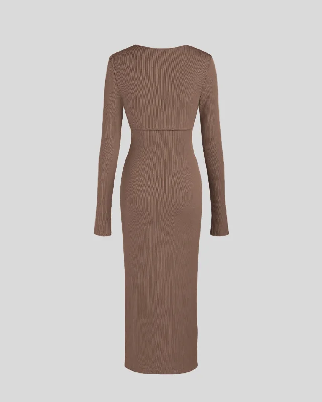 two-piece-elegant-bodycon-dress-with-shrug-in-brown