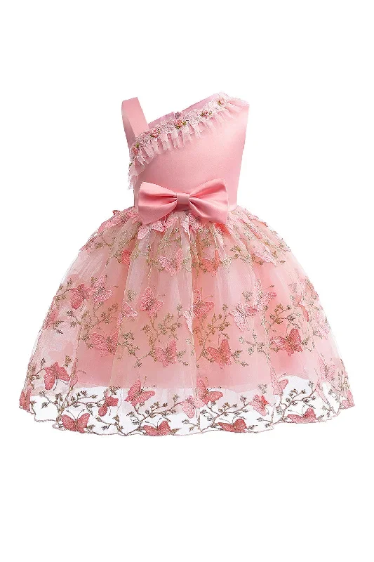 Une ligne robe rose bow filles avec des appliques