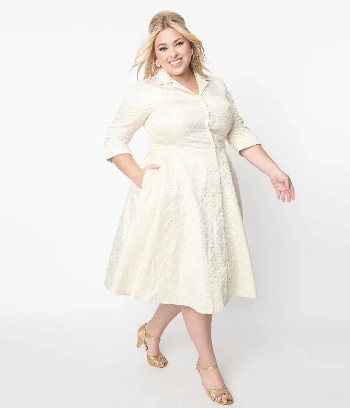 Unique Vintage Plus Size Ivory & Gold Brocade Swing Dress