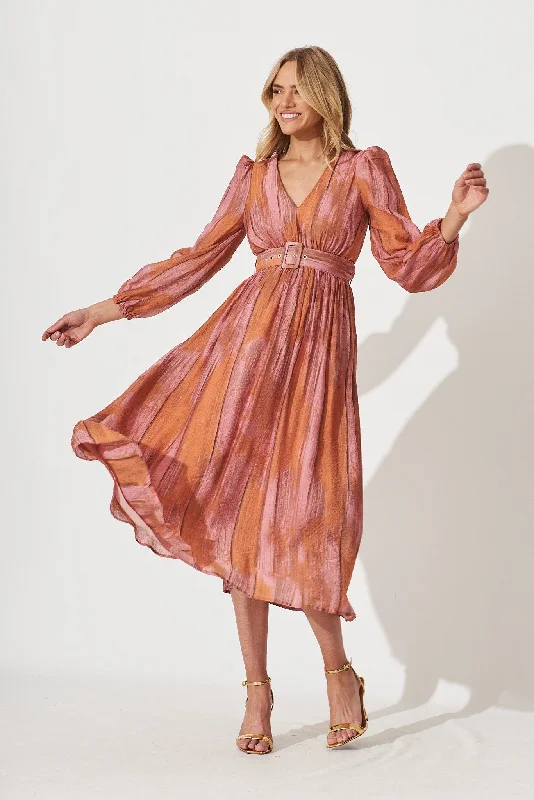 Vichy Midi Dress In Pink With Rust Print