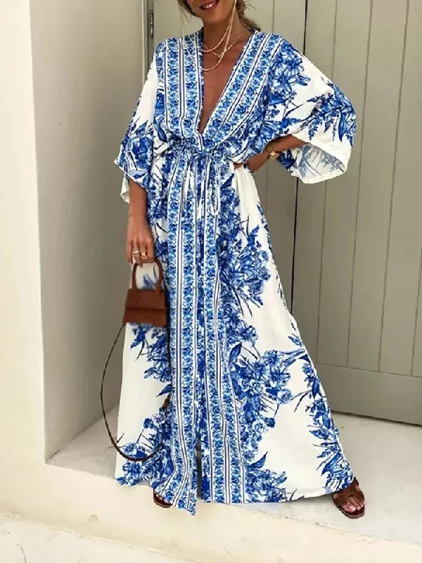 FashionSierra - 2024 Vintage Spring Pattern Print Deep V-Neck Maxi Boho Dress