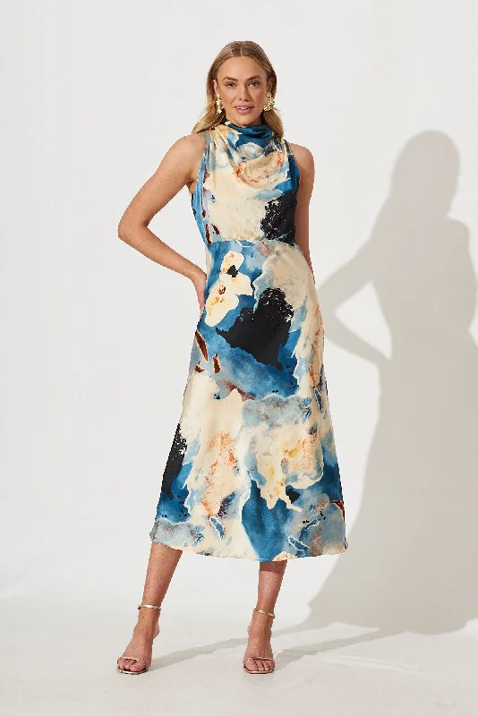 Vision Of Love Midi Dress In Blue Multi Watercolour Satin