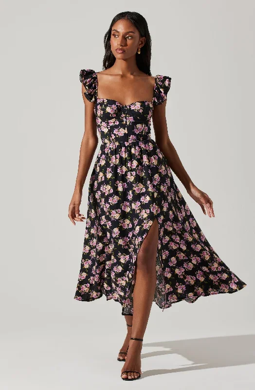 Wedelia Floral Bustier Ruffle Midi Dress