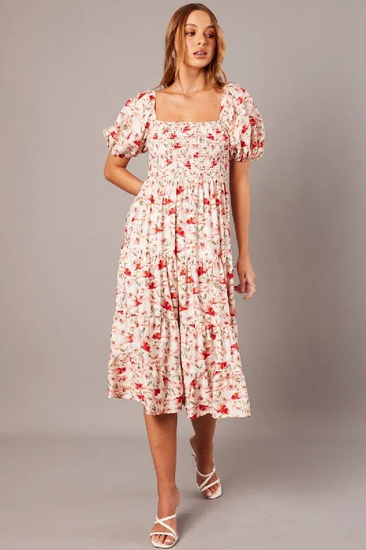 White Floral Midi Dress Puff Sleeve Shirred Bust