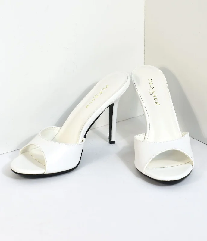 White Matte Leatherette Peep Toe Slip On Heels