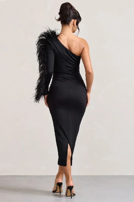 wild-one-black-one-shoulder-bodycon-midi-dress-with-feather-trimmed-sleeve-cl128897002