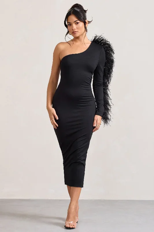 wild-one-black-one-shoulder-bodycon-midi-dress-with-feather-trimmed-sleeve-cl128897002