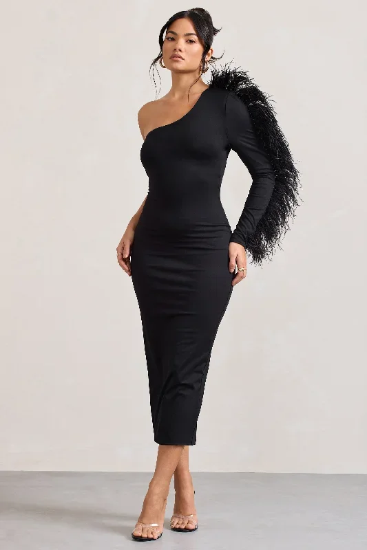 wild-one-black-one-shoulder-bodycon-midi-dress-with-feather-trimmed-sleeve-cl128897002