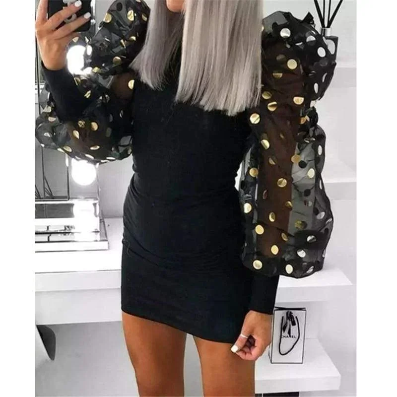 woman-fashion-casual-slim-female-bodycon-mini-dresses-spring-fall-puff-mesh-polka-dot