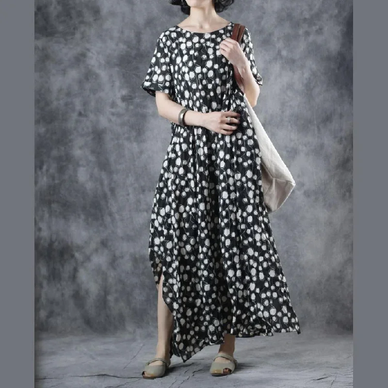 women-black-dotted-cotton-clothes-o-neck-tie-waist-maxi-summer-dresses