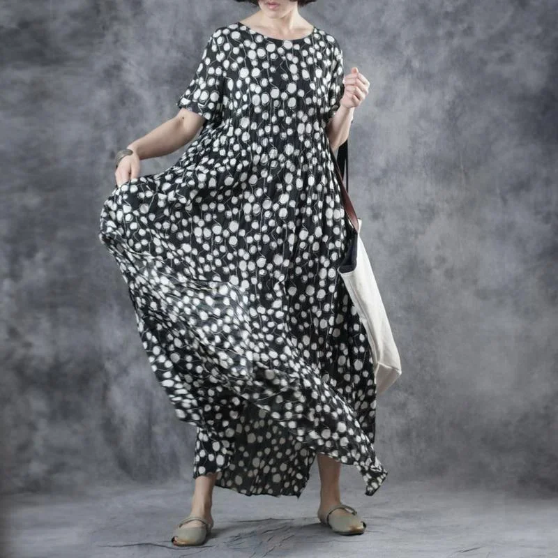 women-black-dotted-cotton-clothes-o-neck-tie-waist-maxi-summer-dresses