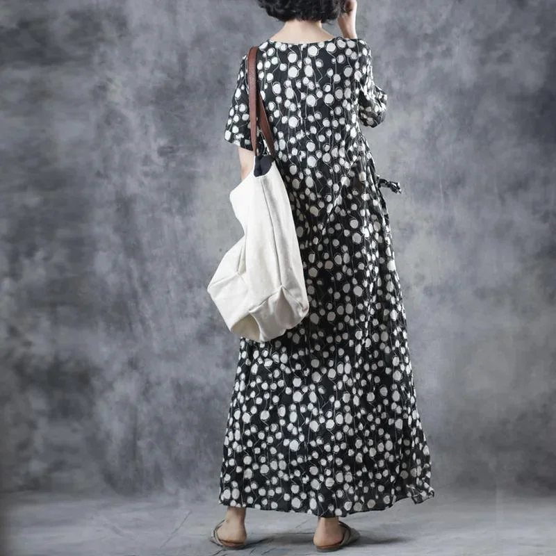 women-black-dotted-cotton-clothes-o-neck-tie-waist-maxi-summer-dresses