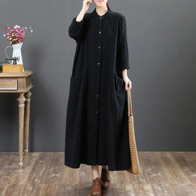 women black linen maxi dresses plus size casual shirt dress long sleeve o neck pockets clothing