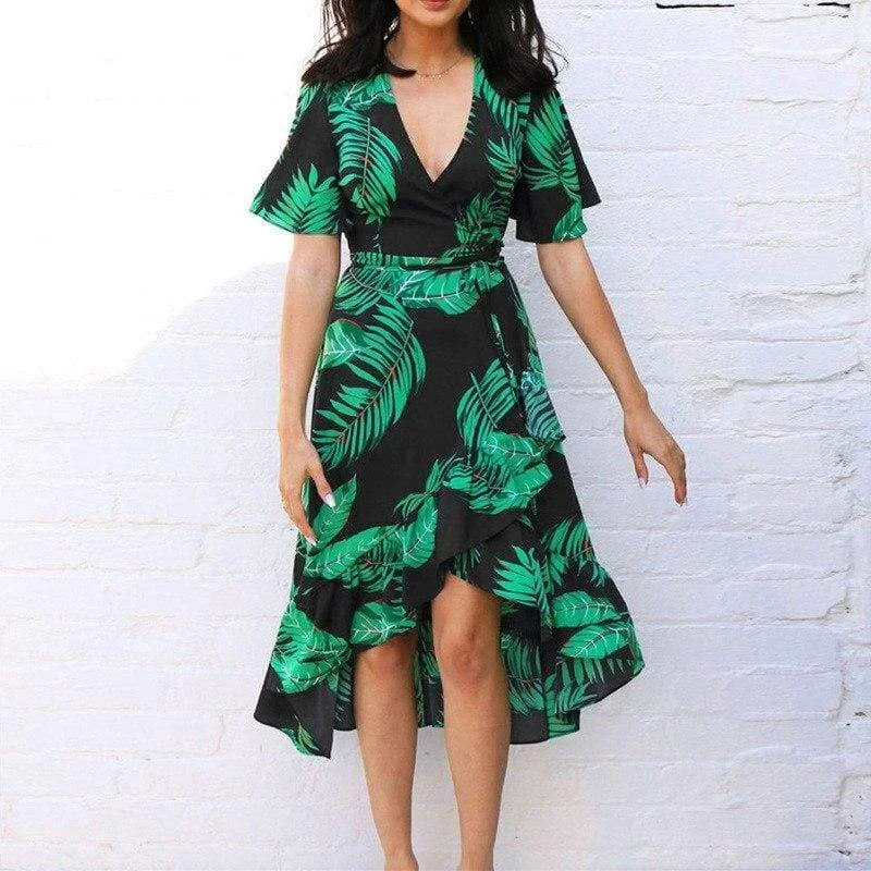 FashionSierra - Women Boho Floral Ruffled Midi Dress Fashion Ladies Summer Beach Holiday Party Spilt Dress Sundress