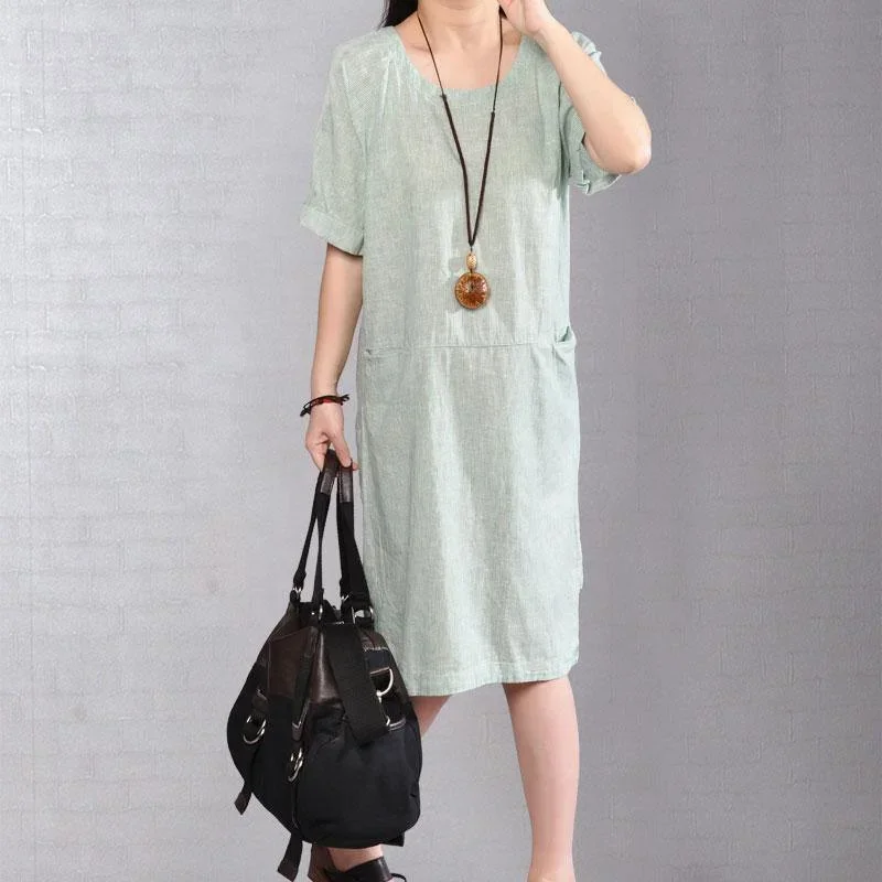 Women Midi Cotton Dresses Plus Size Clothing Casual Stripe Summer Short Sleeve Light Green Dress