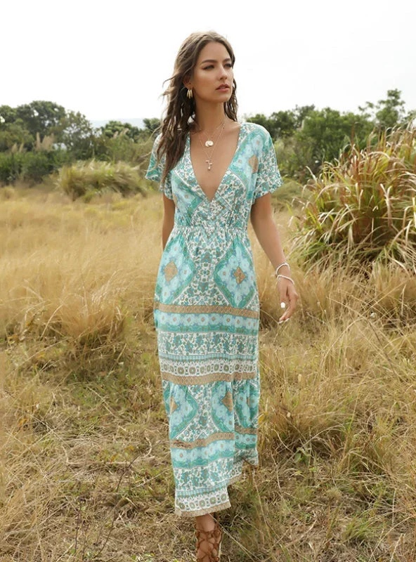 women-printed-short-sleeve-deep-v-neck-maxi-dress