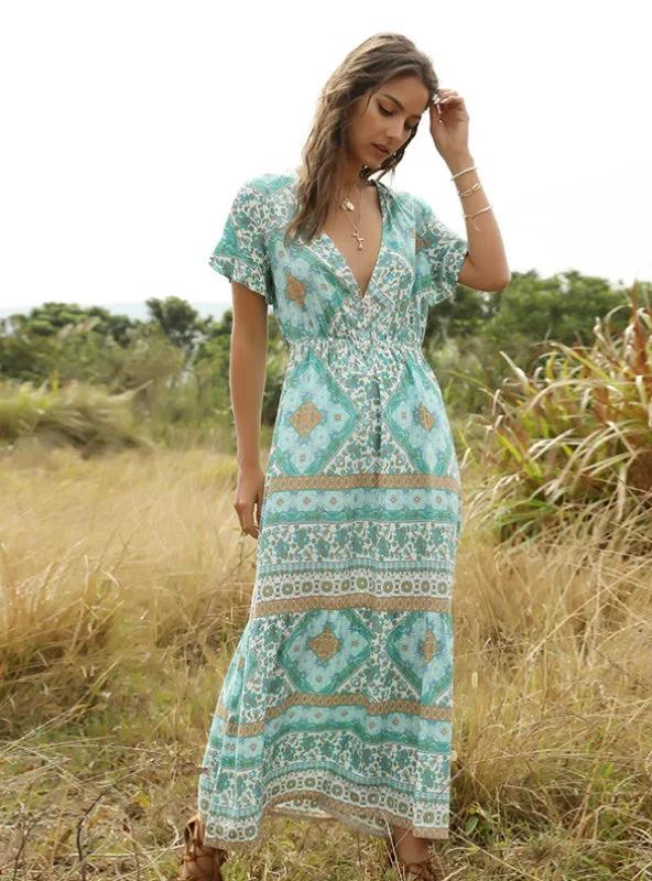 women-printed-short-sleeve-deep-v-neck-maxi-dress