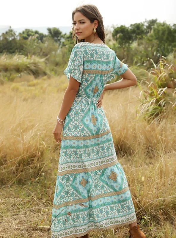 women-printed-short-sleeve-deep-v-neck-maxi-dress