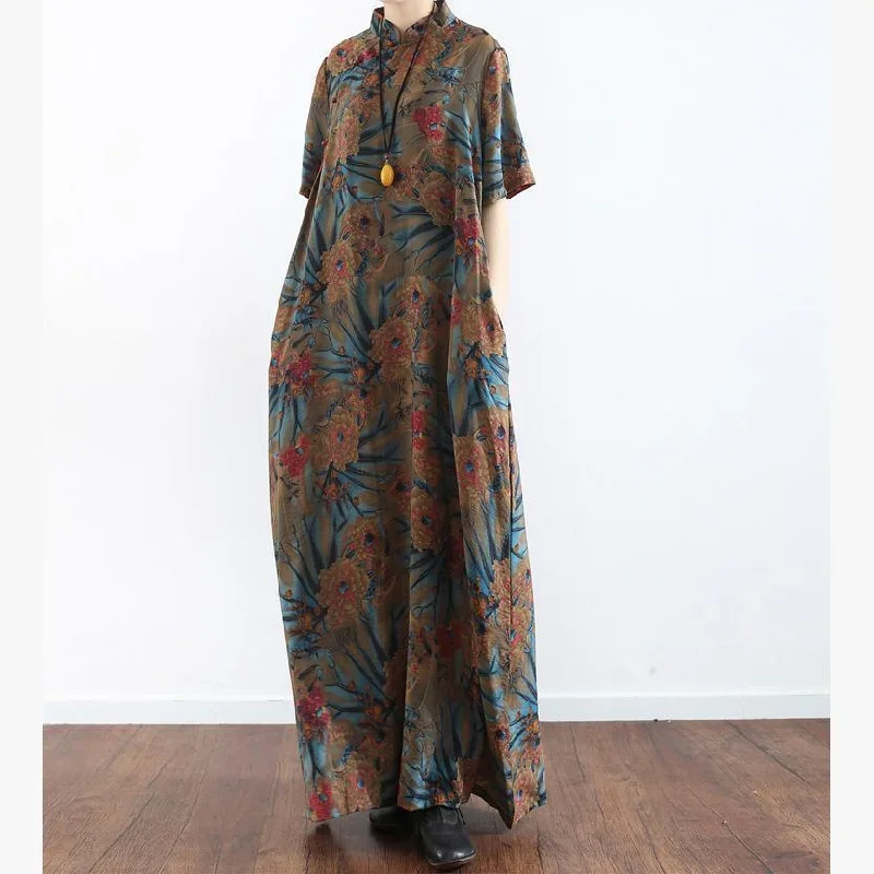 Women Stand Asymmetric Silk Blended Outfit Korea Sleeve Floral Maxi Dresses