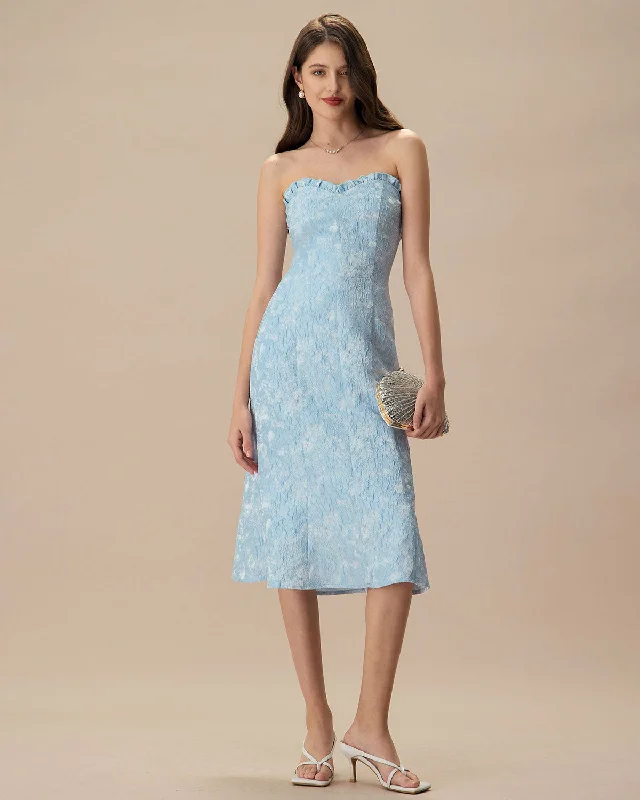 womens-blue-strapless-jacquard-midi-dress