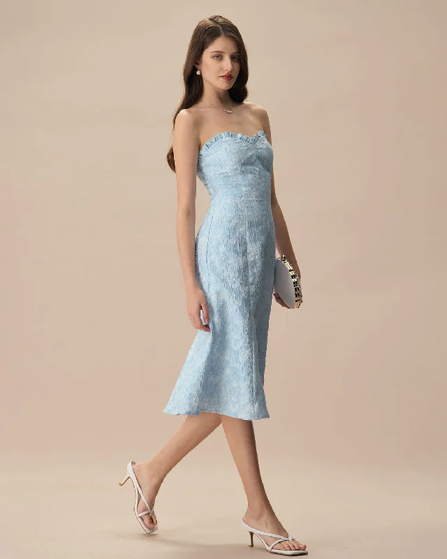 womens-blue-strapless-jacquard-midi-dress