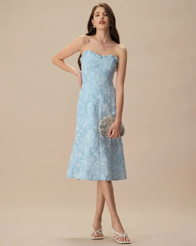 womens-blue-strapless-jacquard-midi-dress