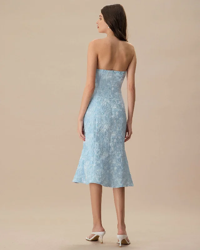 womens-blue-strapless-jacquard-midi-dress