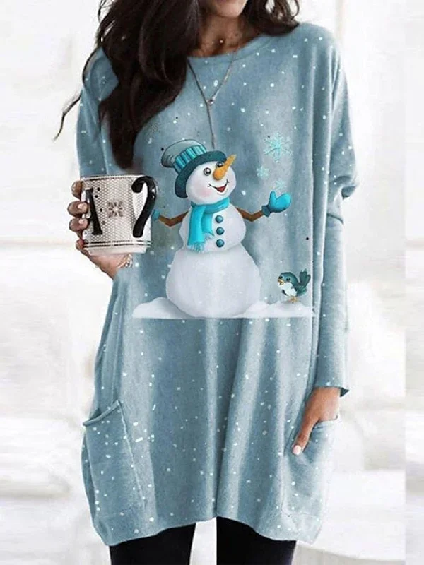 CityHottie - Women's Christmas Casual Dress T Shirt Dress Tee Dress Shift Dress Mini Dress Blue Long Sleeve Snowman Pocket Winter Fall Autumn Crew Neck Fashion Daily Date Loose Fit XS S M L XL XXL 3XL 4XL 5XL