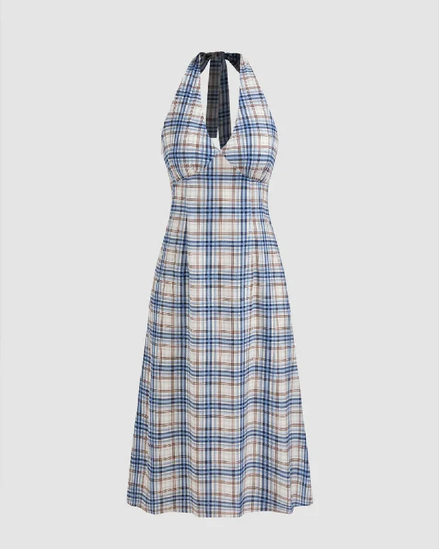 Woven Halter Check Knotted Midi Dress