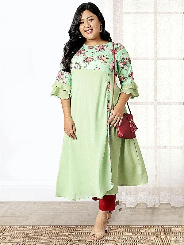 Plus Size Green Poly Crepe Floral Print A-line Kurta