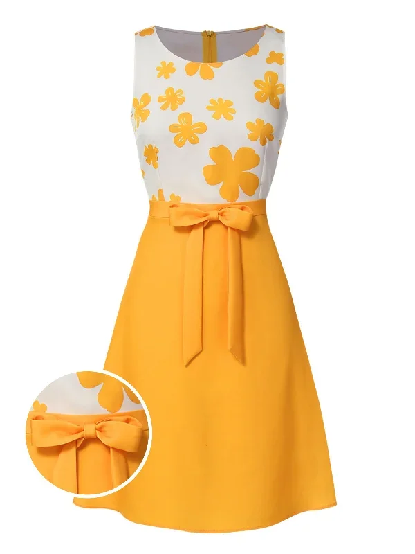 [Pre-Sale] Yellow 1960s Floral Bow Sleeveless Dress