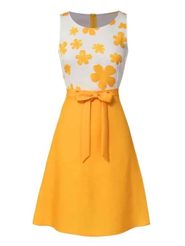 yellow-1960s-floral-bow-sleeveless-dress